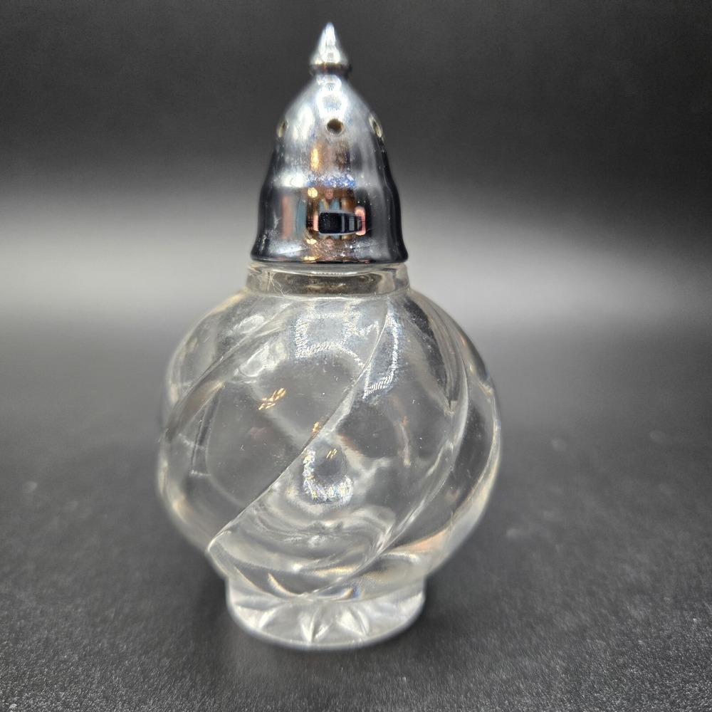 Vintage Swirl Pattern Clear Glass Salt Shaker 1950s Metal lid Art Deco Design